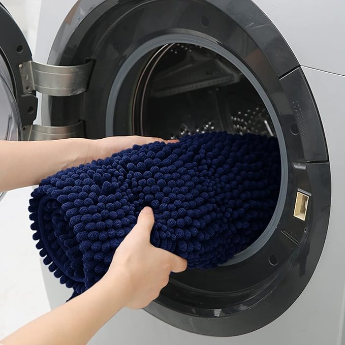 ACCUMTEK Striped Navy Blue Bathroom Rug Mat 59"x20" Ultra Soft, Non Slip Chenille Bath Rugs, Absorbent Plush Shaggy Bath Mats for Bathroom, Bedroom, Kitchen, Shower, Tub