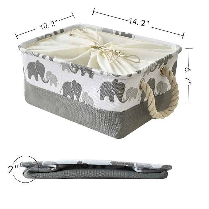 Storage Bins,Fabric Storage Baskets Towel Storage Bin Laundry Toy Basket w Drawstring Closure,Gray Elephant