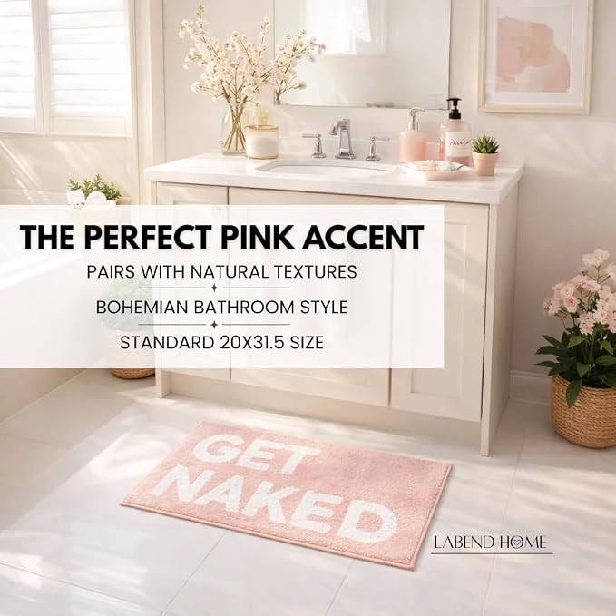 LABEND HOME Get Naked Bath Mat 20" x 31.5” - Funny Bathroom Rug, Plush Microfiber Non-Slip Backing, Machine Washable Quick-Dry Bath Decor - Pink