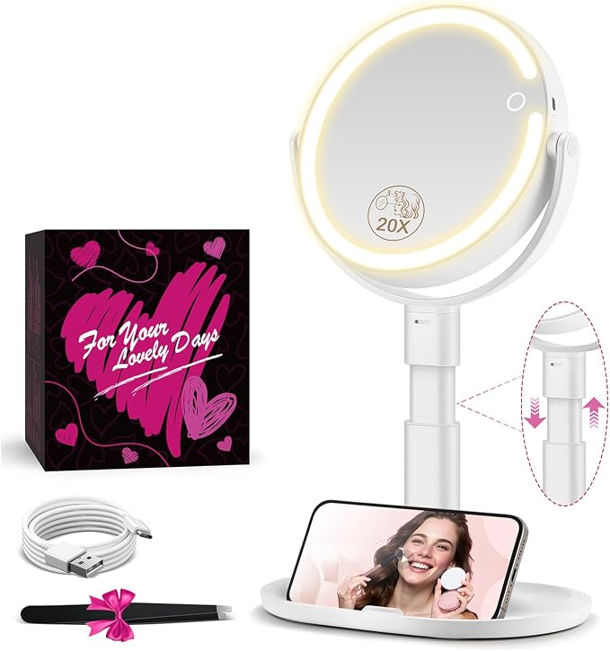 MOMOKUBA Makeup Mirror with Lights, 20X Magnifying Mirrors, Height Adjustable, Vanity Mirror with Lights Rechargeable 3 Color Modes, Double-Sided Detachable Travel Mirrors, Gift for Women, White