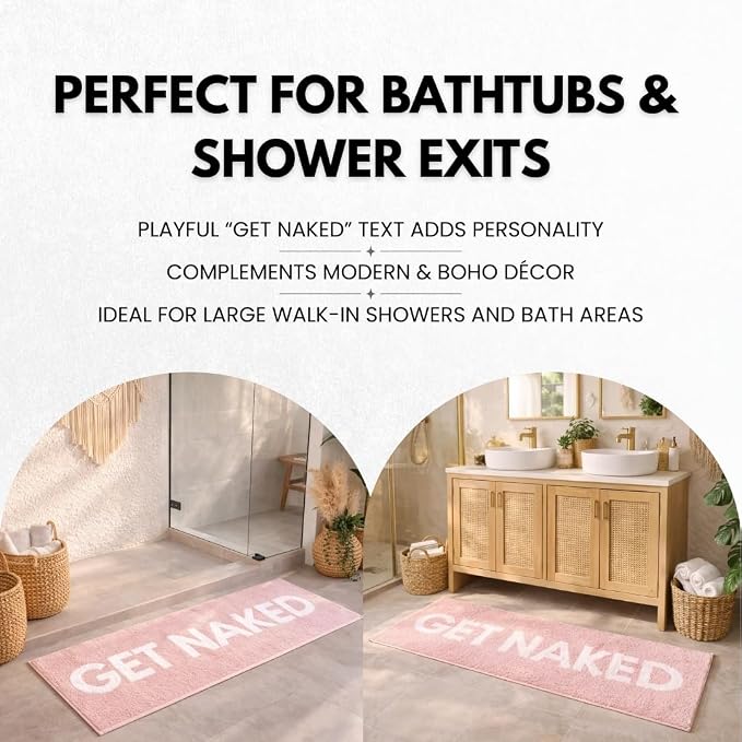 LABEND HOME Get Naked Bath Mat Runner 50"" x20 - Funny Bathroom Rug, Plush Microfiber Non-Slip TPR Backing, Machine Washable Quick-Dry Bath Decor - Pink