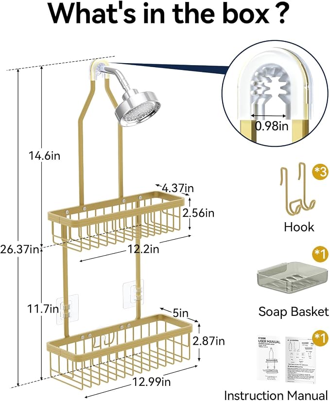 Never Rust Shower Caddy Hanging, Aluminum Shower Racks for Inside Shower, 2-Tier Shower Organizer Hanging Over Shower Head with Hooks and Soap Holder, Gold