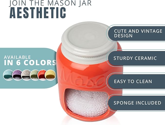 Comfify Coral Mason Jar Ceramic Sponge Holder – Farmhouse Sink Caddy | Coral; mason jar ceramic; 5"H x 3.75" diameter; includes nylon scrubby; embossed ‘MASON’; decorative lid; farmhouse