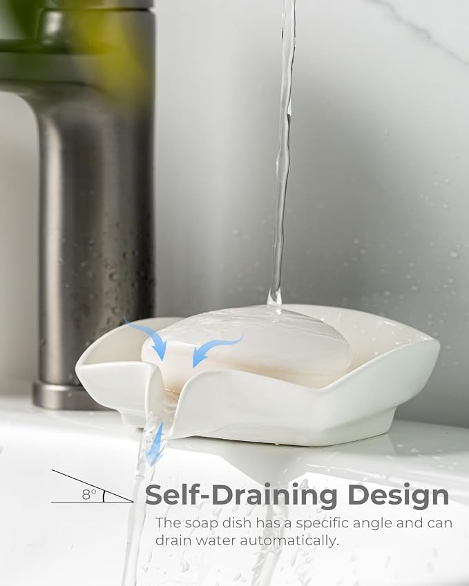 Soap Dish with Waterfall Design, Ceramic Soap Holder Self Draining Bar Soap Saver for Sink Bathroom Shower Kitchen to Keep Organized and Clean, White
