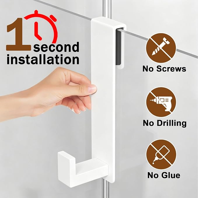 Extended Shower Door Hooks (7.5 Inch), Over Door Hooks for Bathroom, Heavy Duty Stainless Steel Towel Hooks for Frameless Glass Shower Doors, Shower Hooks for Robe (White, 2-Pack)