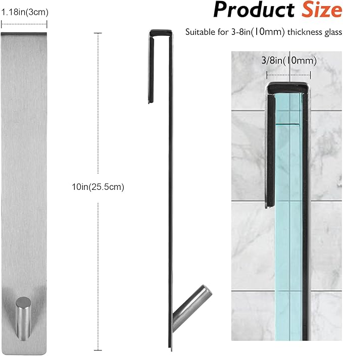 Kontoyo Shower Door Hooks(10 Inch),Extended Over Door Hooks for Bathroom Frameless Glass Shower Door,Stainless Steel Towel Hooks,Heavy Duty Rack Hooks for Robe,Towel-2 Pack-Silver