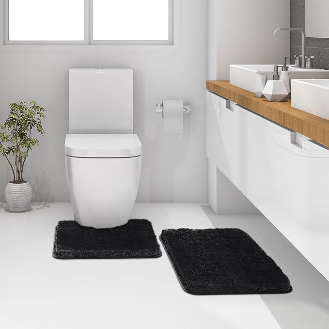 MIULEE Black Bathroom Rugs Set 2 Piece Soft Bath Mats 20x24+16x24 Inch | Absorbent Microfiber Bath Mat and U-Shaped Toilet Rug, Non Slip, Quick Dry, for Bathroom Floor Tub Showers, Machine Washable