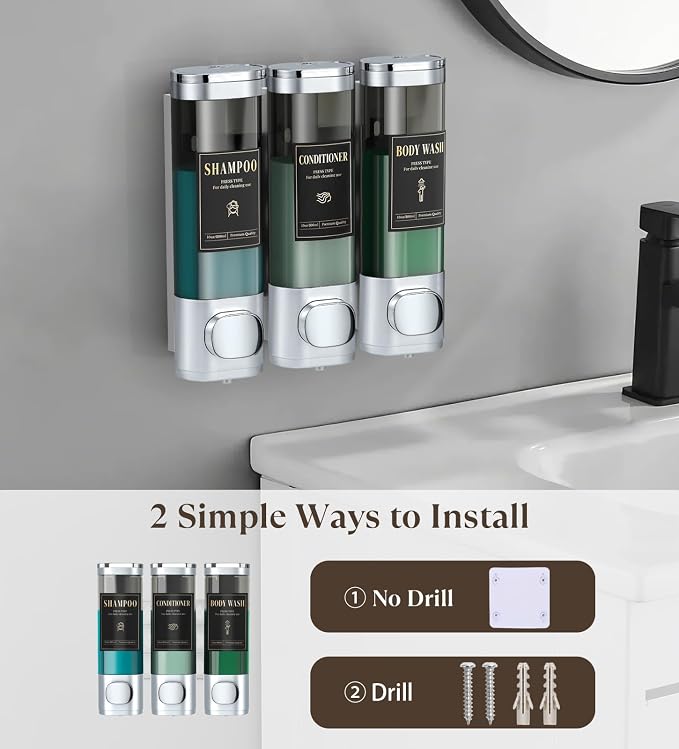 Luxspire Shampoo and Conditioner Dispenser, Shower Soap Dispenser 3-Chamber | Lockable Large Capacity 900ml No-Drill Wall-Mounted Shampoo and Body Wash Dispenser for Bathroom Hotel Kitchen Airbnb