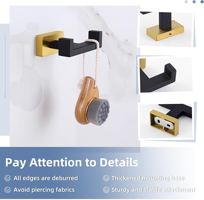Angle Simple Towel Hook Black & Gold 2 PCS, Stainless Steel Double Hook for Bathroom, Square Robe Hook, Hand Towel Holder for Wall