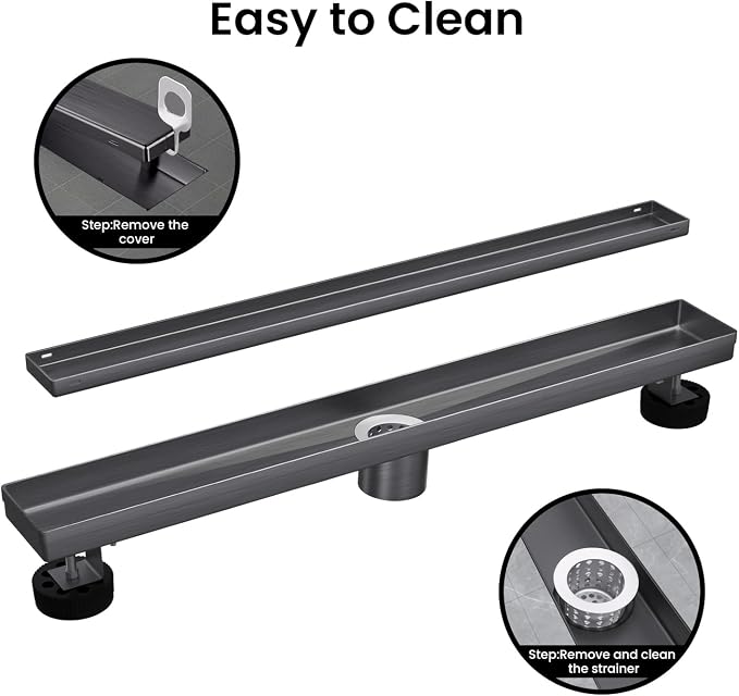 EXF Linear Shower Drain 24 Inch Brushed Shiny Black with Tileable Grate, Stainless Steel Rectangle Shower Floor Drain with Hair Catcher, Adjustable Feet
