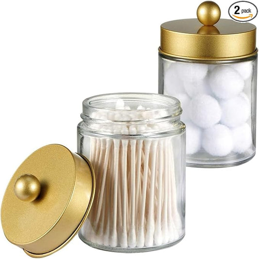 Amolliar Apothecary Jars Bathroom Storage Organizer -Countertop Storage Organizer Canister Jar - Cute Qtip Dispenser Holder Glass with Lid- for Cotton Swabs,Bath Salts,Hair Band / 2-Pack(Gold)