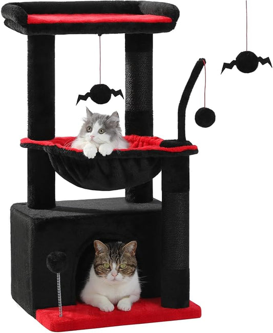 PEQULTI 4-in-1 Gothic Cat Tree for Kittens & Small Cats, 33in Black Tower | Compact 33in cat tower: deep hammock, cozy condo, top perch, sisal post; removable washable cover; wide base for small cats