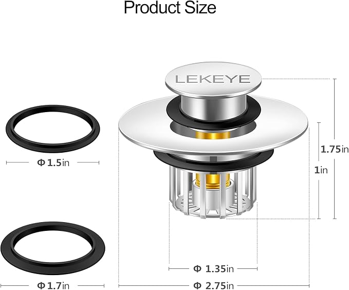 LEKEYE Tub Stopper | Shower Drain Hair Catcher | Pop-up Drain Stopper with Strainer | Bathroom Bathtub Plug | Drain Protector for 1-1/2 to 1-3/4" Bath Drain Hole - Pearl Chrome