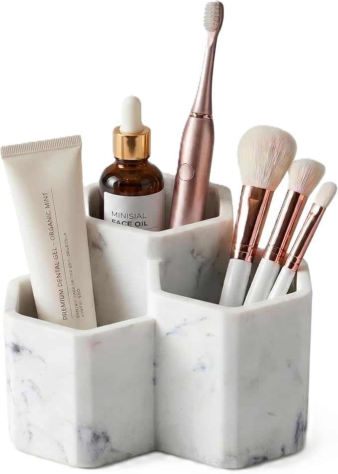 Resin Toothbrush Holder, 3-Slot Bathroom Countertop Organizer | 3-slot resin holder organizes toothbrushes, toothpaste, razors, and makeup brushes for bathroom vanity, countertop, or shower