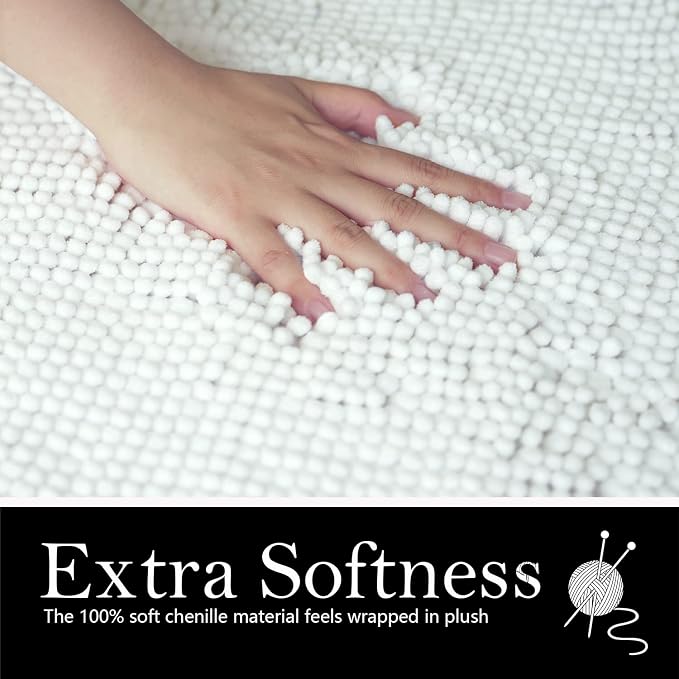 Bathroom Rugs Chenille Bath mat 3 Piece Set, Super Absorbent, Strong PVC Non Slip Backing, Bath mats for Bathroom, Plush Shaggy, Thick, Machine Washable, Bathtub, Shower, Toilet, White