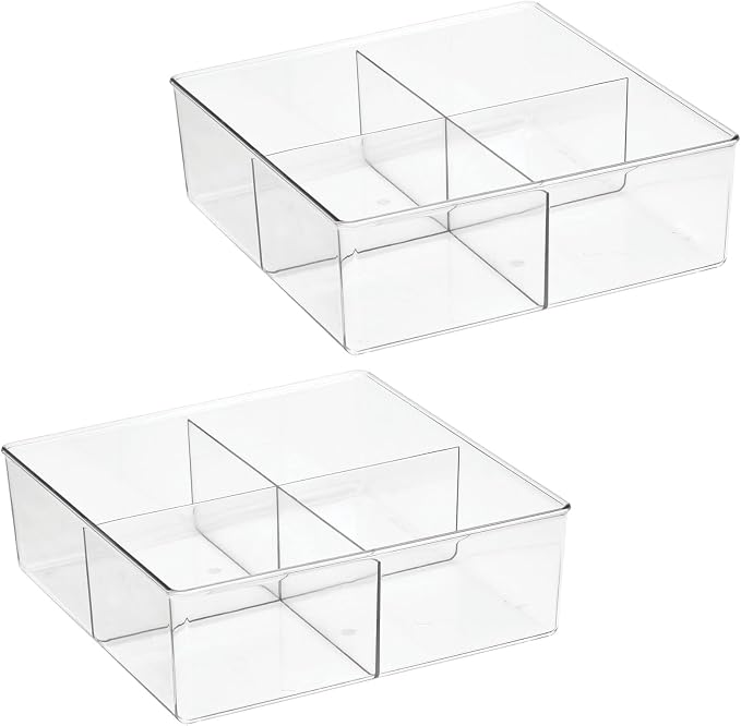 mDesign Plastic 4 Compartment Divided Drawer and Closet Storage Bin - Organizer for Scarves, Socks, Ties Bras, and Underwear - Dress Drawer Organizer, Shelf Organization - 2 Pack - Clear