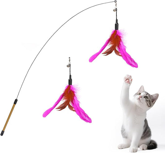 Pawaboo Cat Feather Wand Interactive Toy, 2 Feathers + 1 Wand with Bell | Cat Feather Teaser Toys Flying Catcher Extra Long 34.5" Wand Exerciser Playing Chase Cat Toy Wands for Kitten, Rose&Red Brown