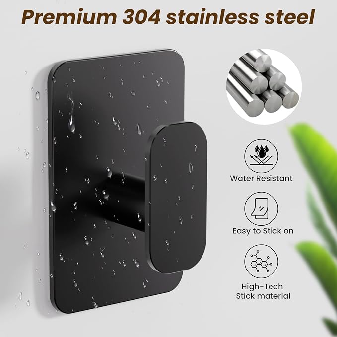 Large Heavy Duty Wall Hooks - 26lb Max, Stainless Steel Adhesive Towel Hooks for Hanging Towel, Coat, Robe, Hat, Sticky Towel Holder for Wall Mount in Bathroom, Shower, Kitchen (Black, 4 Pack)