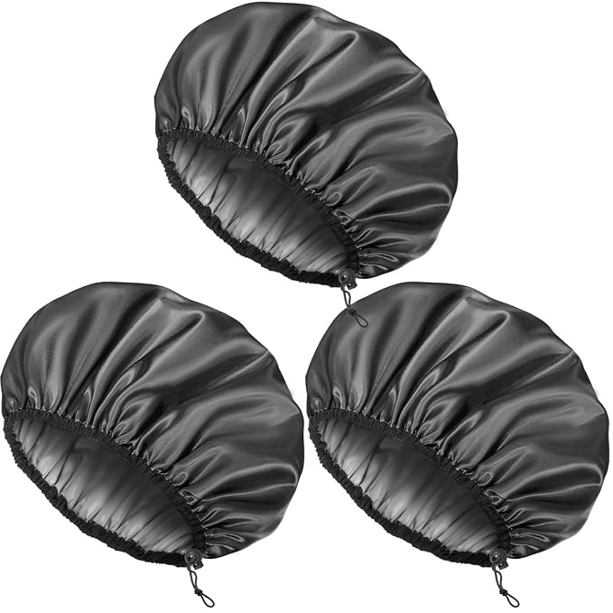 Auban Shower Cap for Women, Adjustable Reusable, Extra Large, Double-Layer Waterproof Bathing Cap, Waterproof Exterior, EVA Lining, Hair Cap for All Hair Lengths, 3 Balck Set