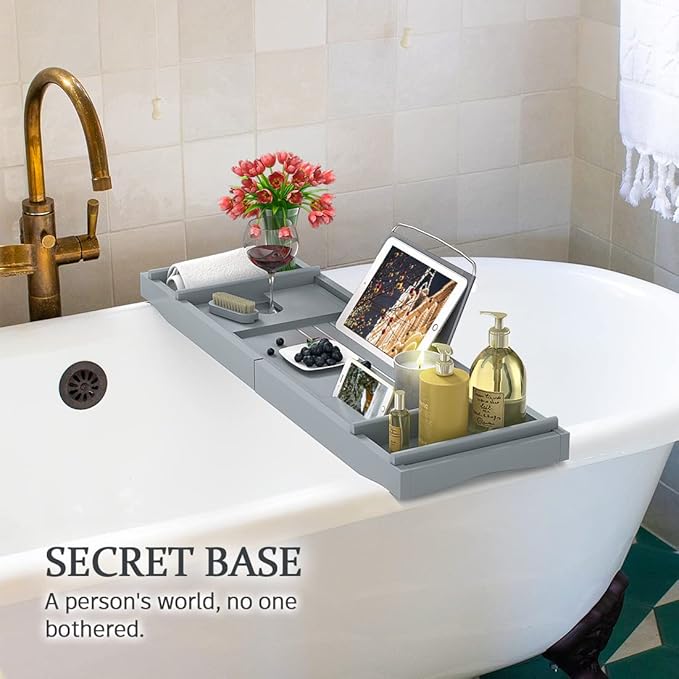 Bath Caddy Tray for Bathtub - Bamboo Adjustable Organizer Tray for Bathroom with Soap Dish Suitable for Luxury Spa or Reading(Bluish Grey)