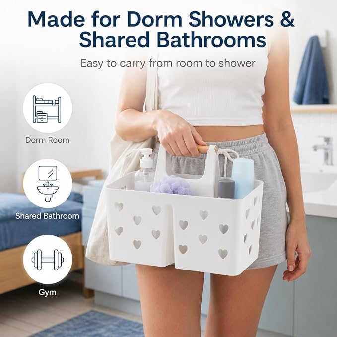 White Portable Shower Caddy Basket with Handle, 3-Compartment Plastic Shower Tote with Drain Holes, Cute Bathroom Organizer for College Dorm, Shared Bathroom, Gym, Travel, Skincare & Cleaning Supplies