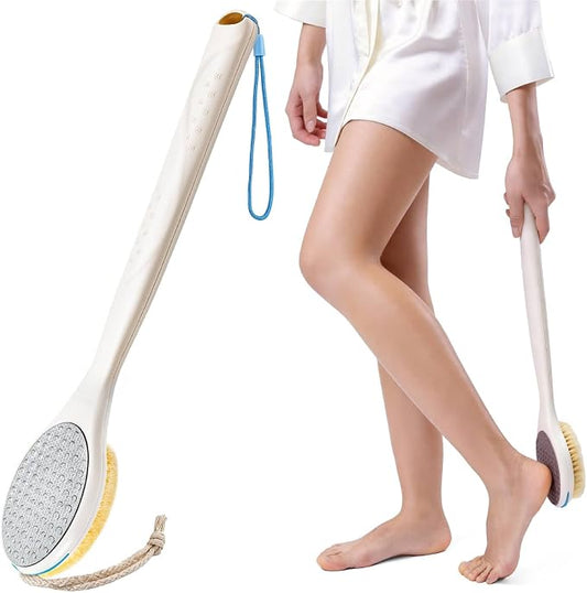 BUBBLEDANCE® Long Handle Foot Scrubber & Brush – 2-in-1 for Shower | Stainless steel removes calluses & rough heels; nylon bristles exfoliate feet; extendable 17.5"-31.9"; non-slip, rust-proof