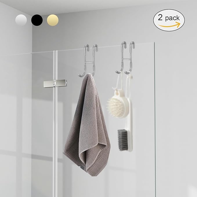 Homevacious 2 Pack Shower Door Hooks Towel Hooks for Bathroom Frameless Glass Shower Door SUS 304 Stainless Steel Drilling-Free Hanger Shower Hooks Chrome