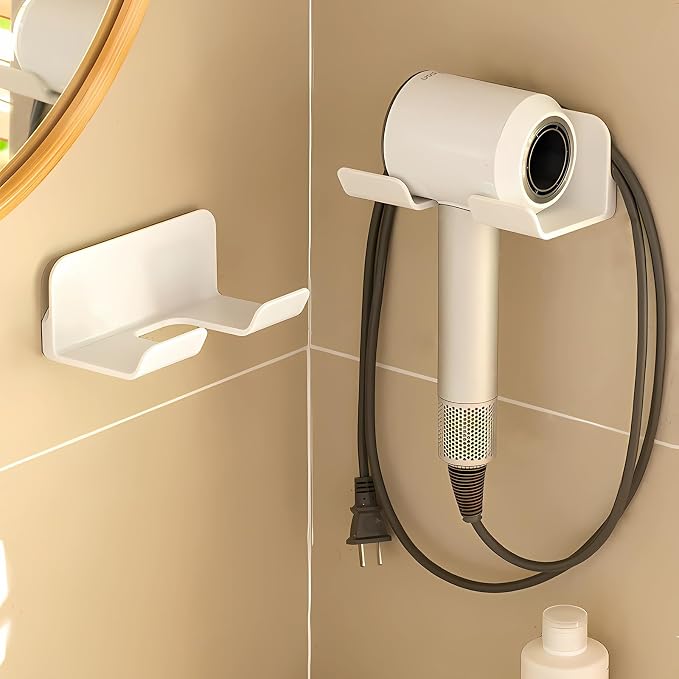 Hair Dryer Holder with Wire Hook, Self Adhesive Wall Mount | Universal storage rack fits most brand blow dryers, ideal for bathroom organization