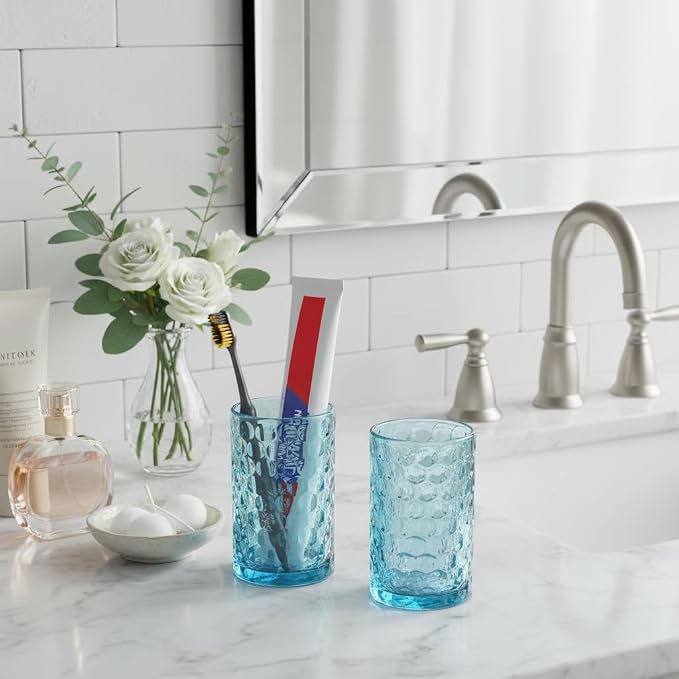 Glass Toothbrush Holder, Blue Bathroom Toothbrush and Toothpaste Holder Set, 11 oz Bathroom Tumbler Cup Set, Decorative Countertop Storage Cups Organizer for Toothpaste, Brushes