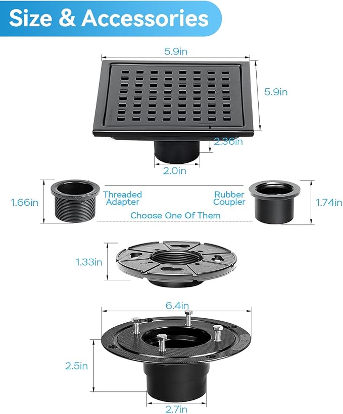 Matte Black Shower Drain 6 Inch with Flange CUPC Certified- Made of 304 Stainless Steel, Square Drain Includes Removable Cover Grid Grate, Hair Strainer,Thread Adapter