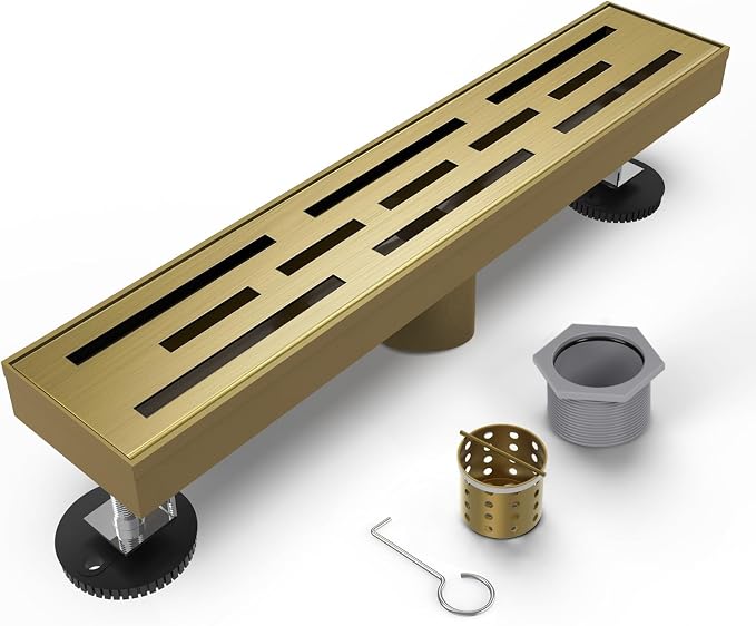 Brushed Titanium Gold Shower Drain 12 Inch, 304 Stainless Steel Linear Shower Drain with Removable Brick Pattern Grate - Adjustable Rectangular Shower Floor Drain with Hair Strainer, Linear Drain
