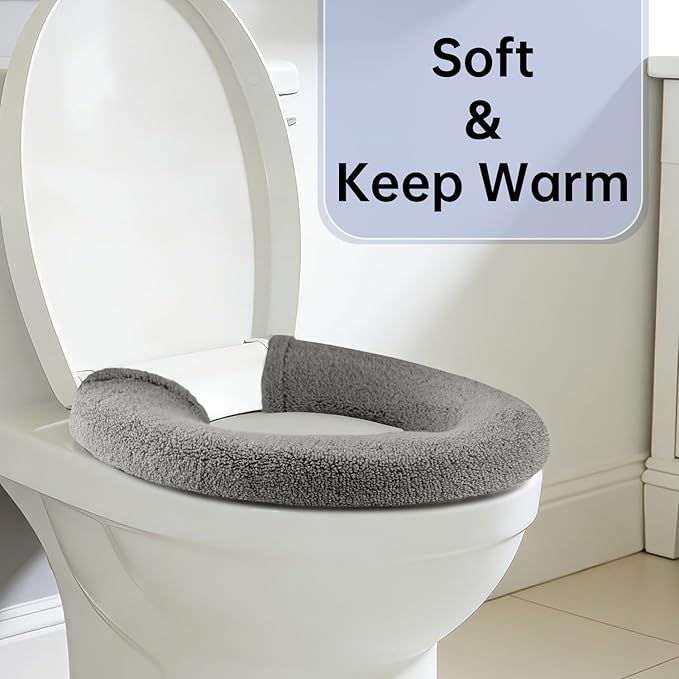 Toilet Seat Cover with Snaps Fixed,Thick Warmer,Machine Washable(grey) | soft thicker warm,easy to install,stretchable,non slip pad,stay in place,universal size,fit most toilet,reusable portable