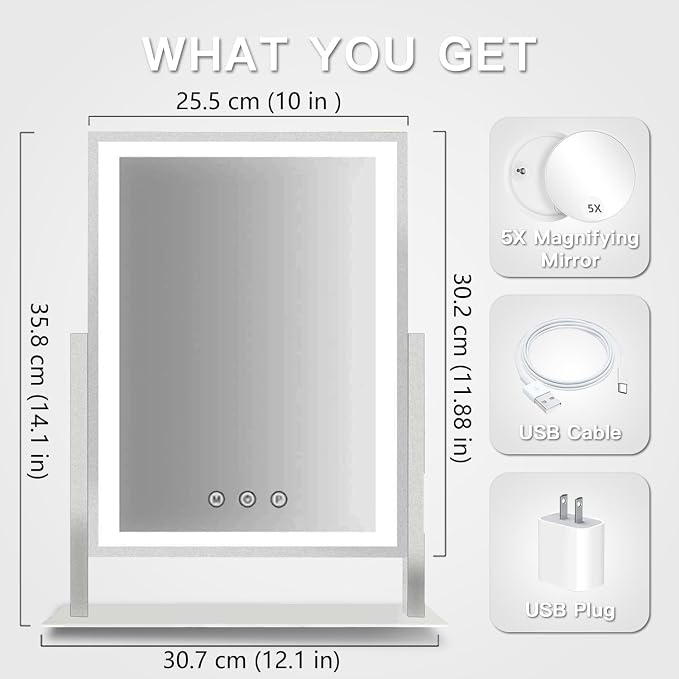 HIEEY Lighted Makeup Mirror, 14.1" x 12.1" Hollywood Vanity Mirror with Lights, Three Color Lighting Modes, and 5X Magnification Mirror, Smart Touch Control, 360°Rotation (White,Gift Box)