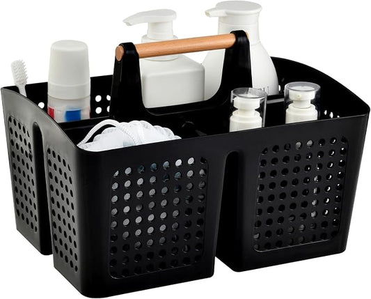 Portable Shower Caddy Basket with Wood Handle, 3-Compartment Bathroom Organizer Tote with Drain Holes, Plastic Shower Basket for Dorm, Toiletries, Cleaning Supplies, Black