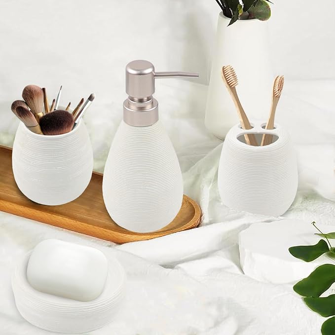 CERBIOR Bathroom Accessories Set,4 PCS Ceramic Bath Accessory,White | Includes Toothbrush Holder, Toothbrush Cup, Soap Dish for Decorative Countertop and Housewarming Gift