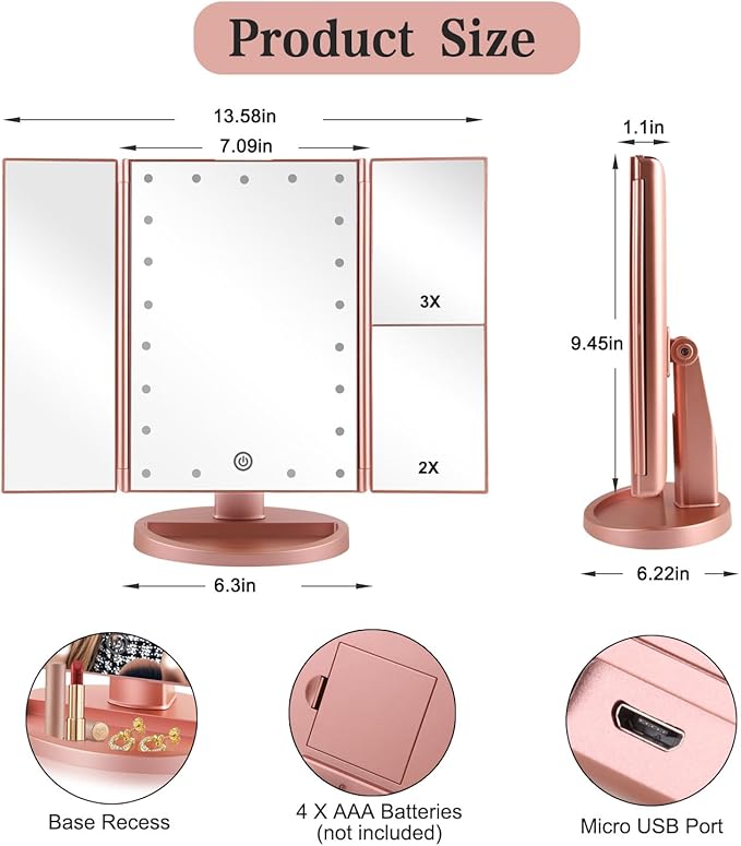 Flymiro Tri-fold Lighted Vanity Makeup Mirror with 3x/2x Magnification,Light up Mirror for Makeup,Touch Screen 21 LEDs,180° Rotation Countertop Cosmetic Mirror,Gifts for Women Mom Teen Girls