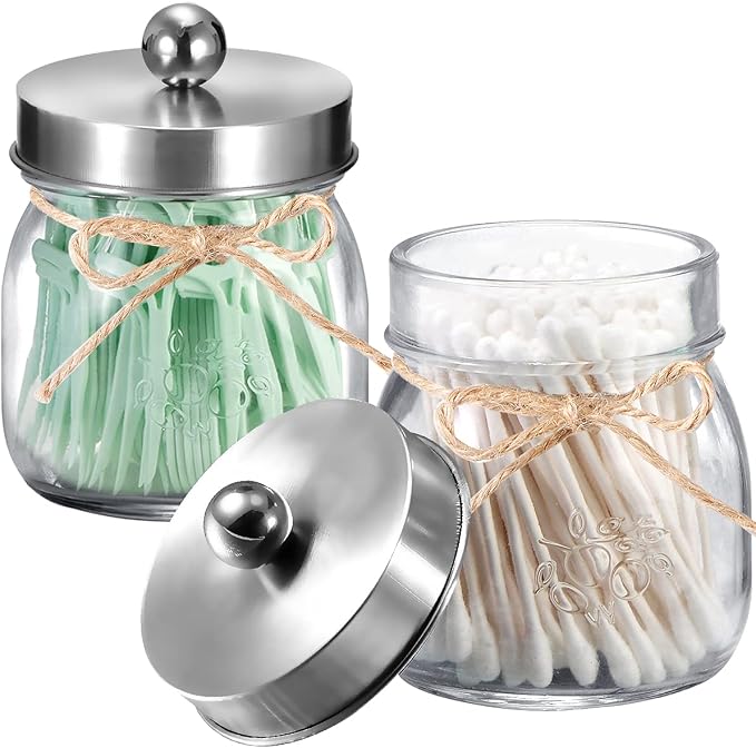 SheeChung 4 Pack Apothecary Jars with Lids, Bathroom Organizers and Storage, Qtip Holders Set, Bathroom Decor, Small Mason Jars for Q-tips, Cottons, Floss, Balls, Cotton Swabs-Brushed Nickel