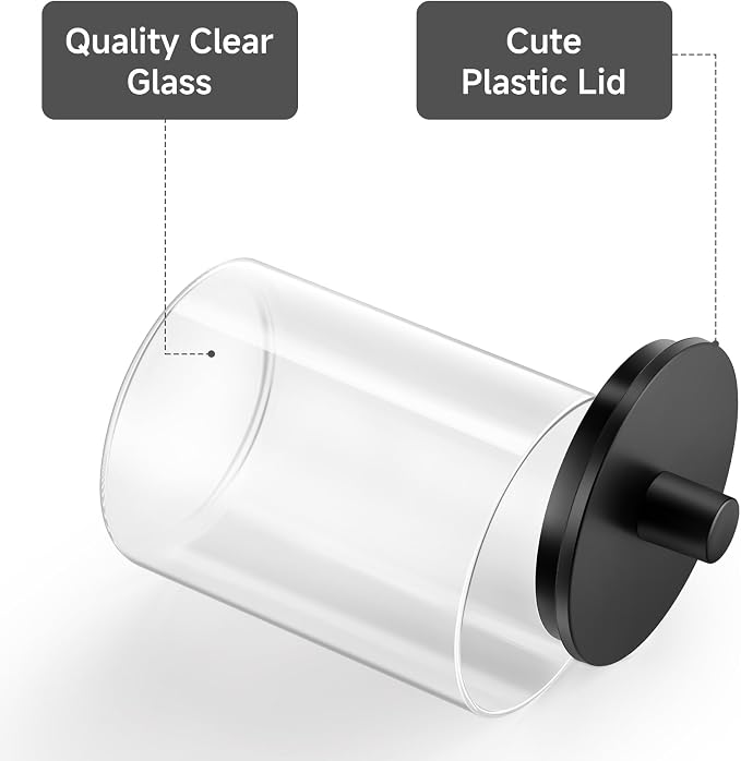 Glass Qtip Holder Dispenser - 10 oz Clear Canister Apothecary Jar, Bathroom Vanity Storage Organizer Set for Cotton Swabs, Pads, Floss Picks, Small Containers for Makeup Storage (2 Pack, Black)