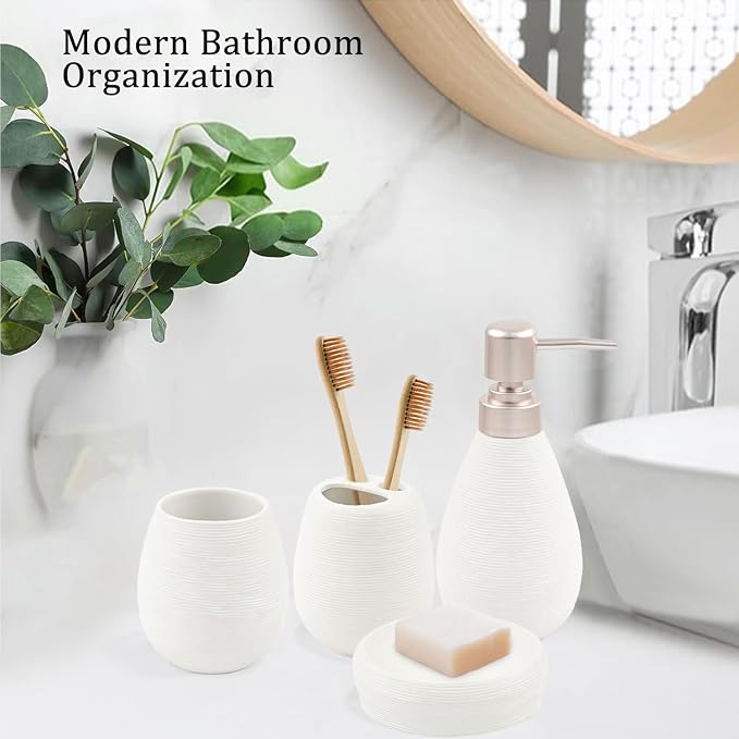 CERBIOR Bathroom Accessories Set,4 PCS Ceramic Bath Accessory,White | Includes Toothbrush Holder, Toothbrush Cup, Soap Dish for Decorative Countertop and Housewarming Gift