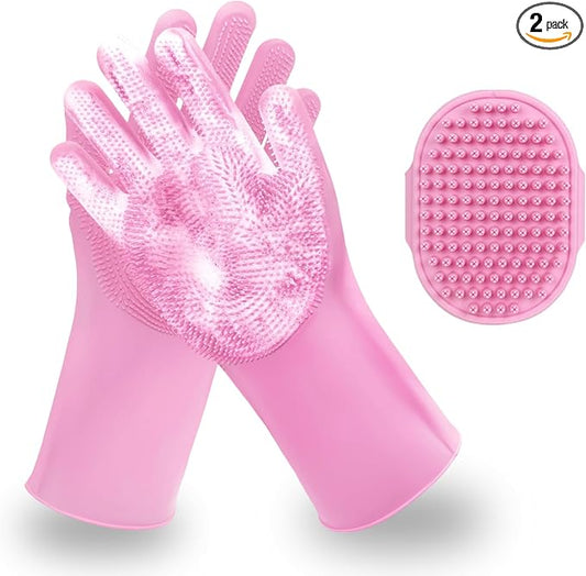 2 PCS Pink Pet Washing Gloves with Dog Bath Scrubber | Pink Pet Bath Set, Soft Silicone Gloves and Scrubber, Removes Dirt, Loose Hair, Dander Gentle Massage for Dogs & Cats