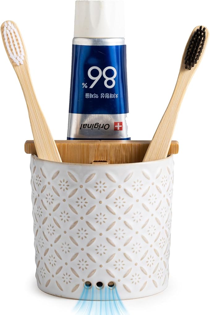 Zoeeker Toothbrush Holders, Ceramic Electric Toothbrush & Toothpaste Holder | Detachable 3 Slots Tooth Brush Cup with Drain Holes & Bamboo Divider, Makeup Brush Storage Holder for Bathroom, Family, Kids