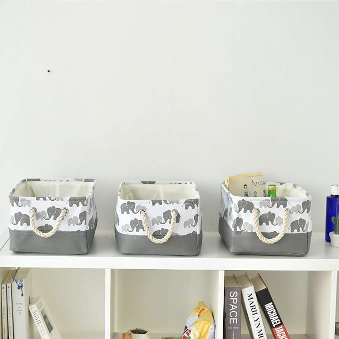 Storage Bins,Fabric Storage Baskets Towel Storage Bin Laundry Toy Basket w Drawstring Closure,Gray Elephant