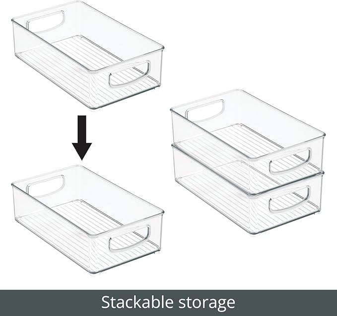 mDesign Plastic Storage Organizer Shallow Container Bin with Handles for Bathroom, Kitchen Cabinet, Pantry, Home Organization - Holds Vitamins, Supplements, Makeup - Ligne Collection - 4 Pack - Clear