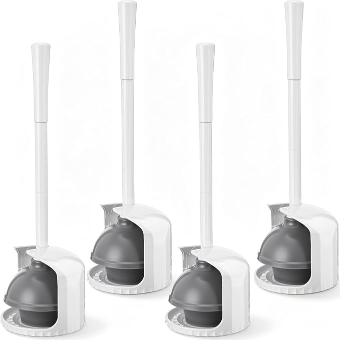Reallnaive 4 Pack Toilet Plunger with Holder, Commercial Grade Heavy-Duty Plunger Set with Storage Base, Professional Bathroom Maintenance Tool