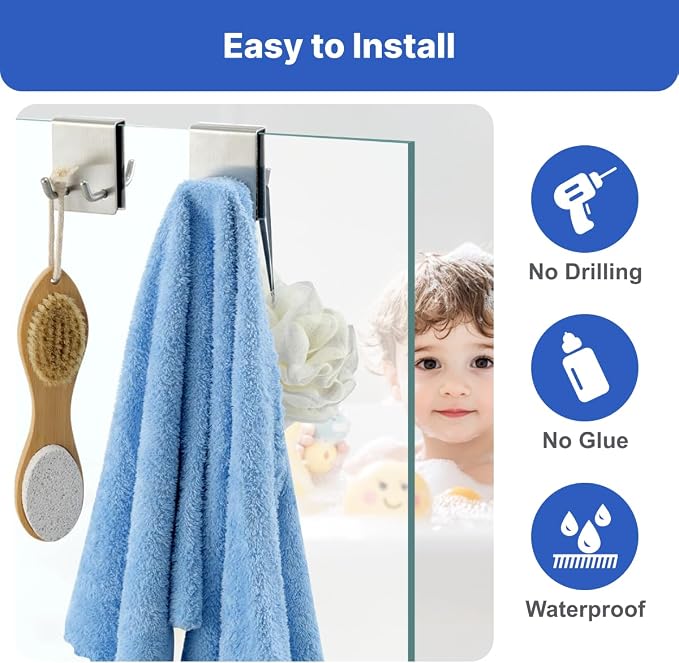 EAEDMY Shower Door Hooks, Over Glass Towel Hooks for Bathroom, Suit for Frameless Glass Shower Door 0.43in (<11mm), Stainless Steel, Drilling-Free, 2 Pack (2Pack Silvery)