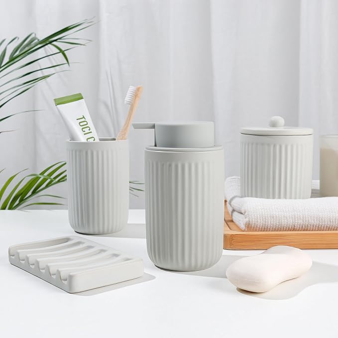 BosilunLife Light Grey Ceramic Bathroom Accessories Set of 4 | Bathroom Decor Sets Accessories Bathroom Foam Soap Dispenser and Toothbrush Holder Set, Soap Dish, Apothecary Jars.(Foam)