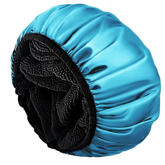 Aquior Shower Cap,Extra Large Triple Layer Bathing Cap with Dry Hair Function for Women Microfiber Terry Cloth Silky Satin 100% Waterproof Reusable Long Hair Bath Caps (Blue)