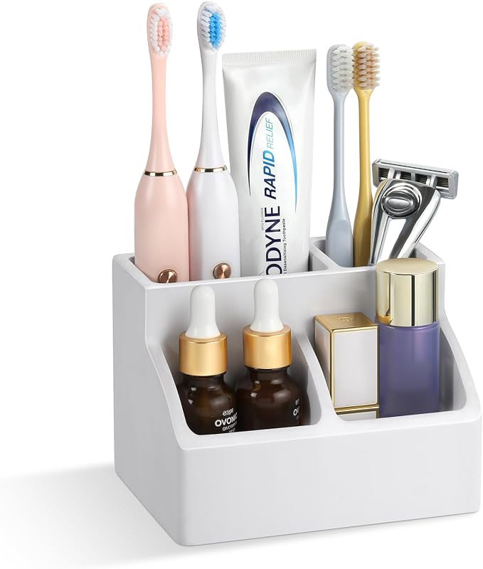 Luxspire Diatomite Toothbrush Holder, 4 Slots, Light Gray | Fast Drying, Diatomaceous Earth, Electric Tooth Brush and Toothpaste Organizer, For Bathroom Kitchen Vanity Countertop