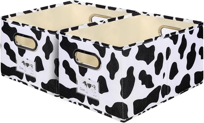 ANMINY 2PCS Fabric Storage Bin Cow Print Cotton Linen Foldable Open Storage Basket Box with Handles PP Plastic Board Label Window Pocket Decorative Washable Closet Shelf Organizer Container - Small