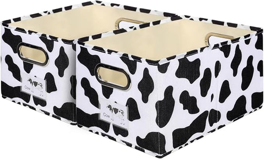 ANMINY 2PCS Fabric Storage Bin Cow Print Cotton Linen Foldable Open Storage Basket Box with Handles PP Plastic Board Label Window Pocket Decorative Washable Closet Shelf Organizer Container - Small